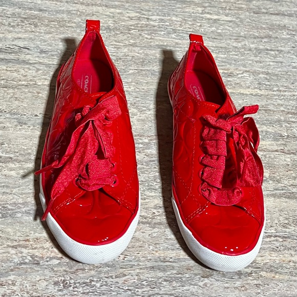 Coach Suzzy Red glossy Sneakers with Soft Material and White Rubber Sole - Picture 1 of 16